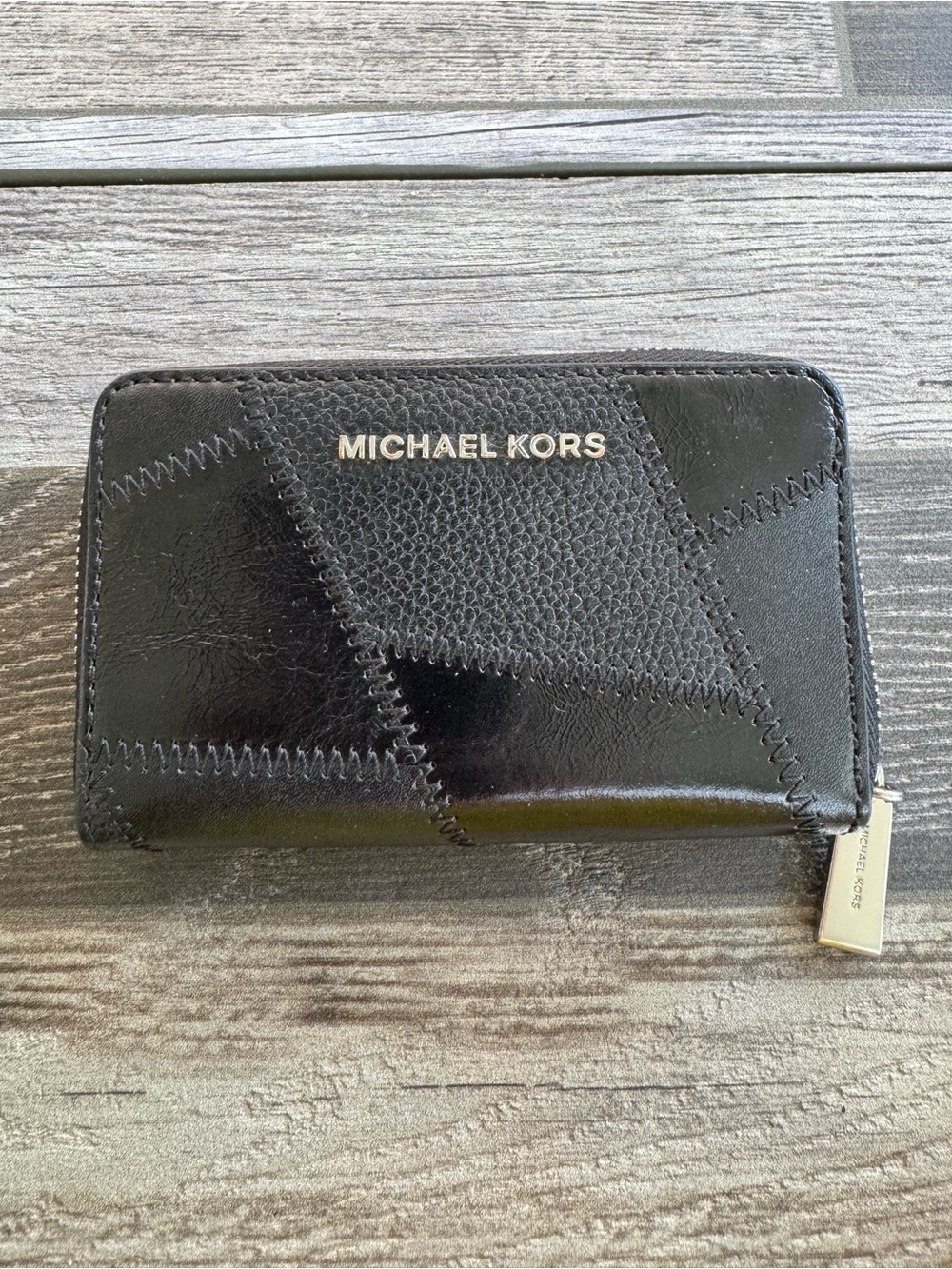 Michael Kors Black Patchwork Zip-Around Wallet with Gold Logo